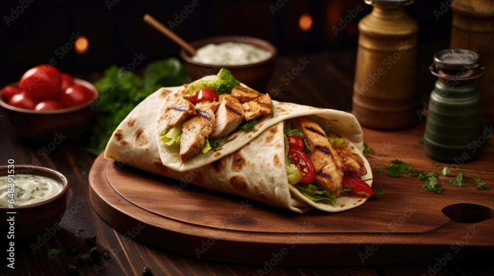 Delicious shawarma served on wooden board on table in cafe. Grilled pita wrapping chicken meat and fresh vegetables with sauce. healthy food. Generetive Ai