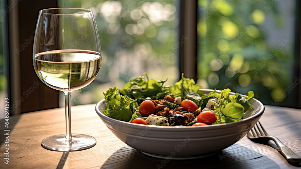 food and glasses of wine next to a bowl of salad and a glass of wine on top of a table. Generetive Ai