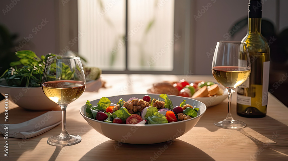 food and glasses of wine next to a bowl of salad and a glass of wine on top of a table. Generetive Ai