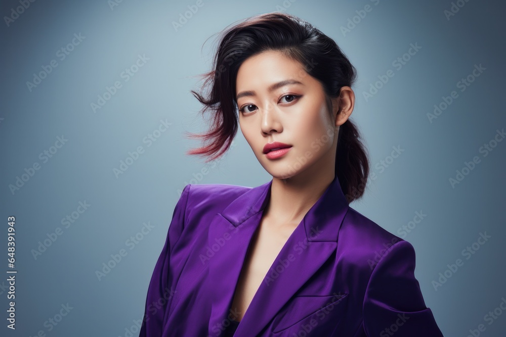 asian woman in purple blazer standing in studio