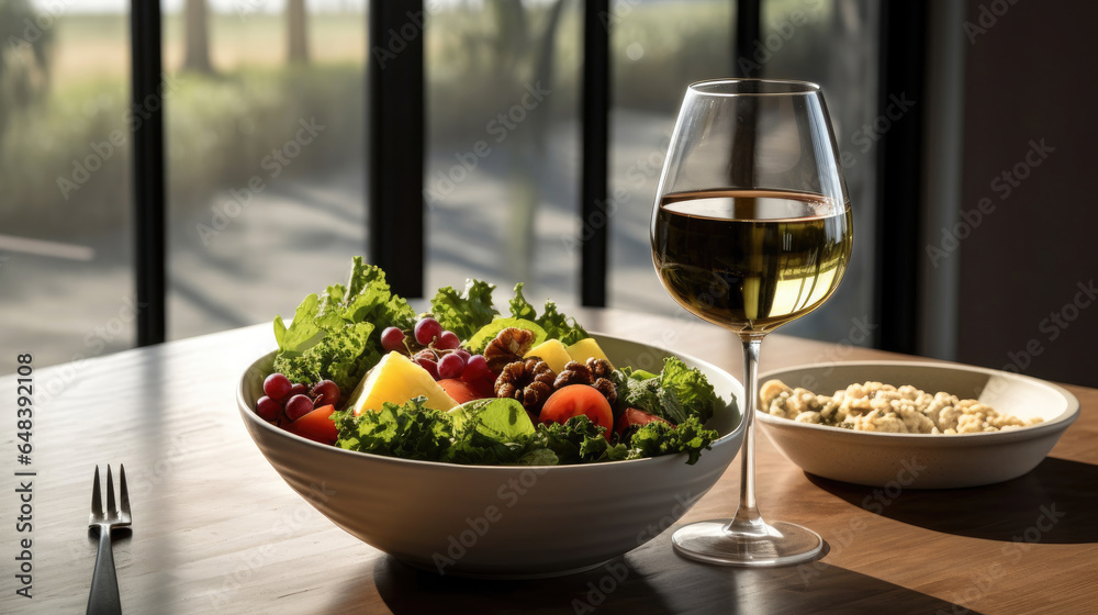 food and glasses of wine next to a bowl of salad and a glass of wine on top of a table. Generetive Ai