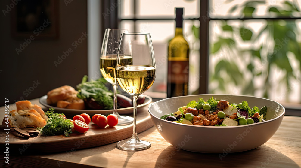 food and glasses of wine next to a bowl of salad and a glass of wine on top of a table. Generetive Ai