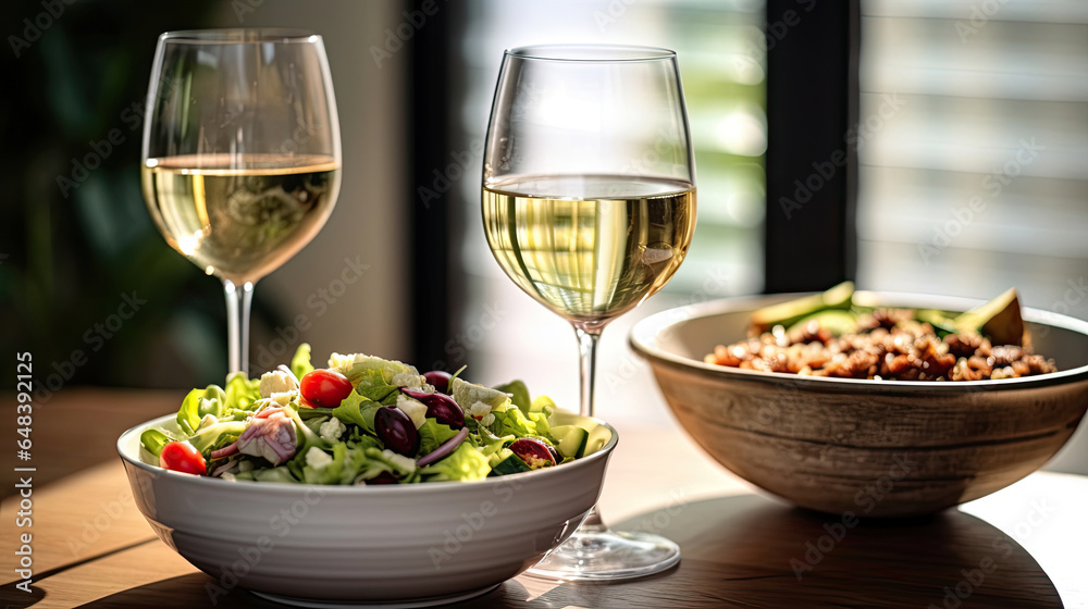 food and glasses of wine next to a bowl of salad and a glass of wine on top of a table. Generetive Ai