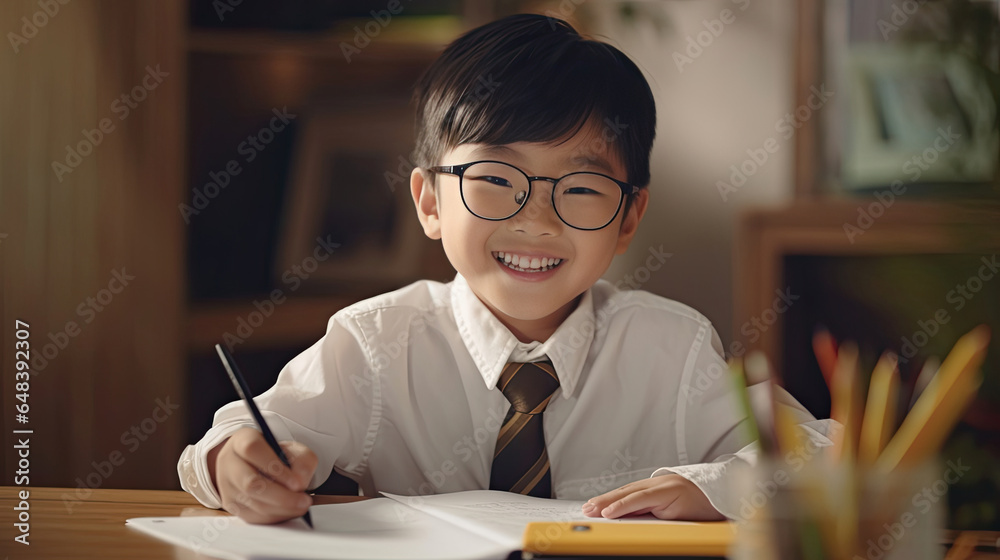 Smiling asian child school boy doing homework while sitting at desk at home. Generetive Ai