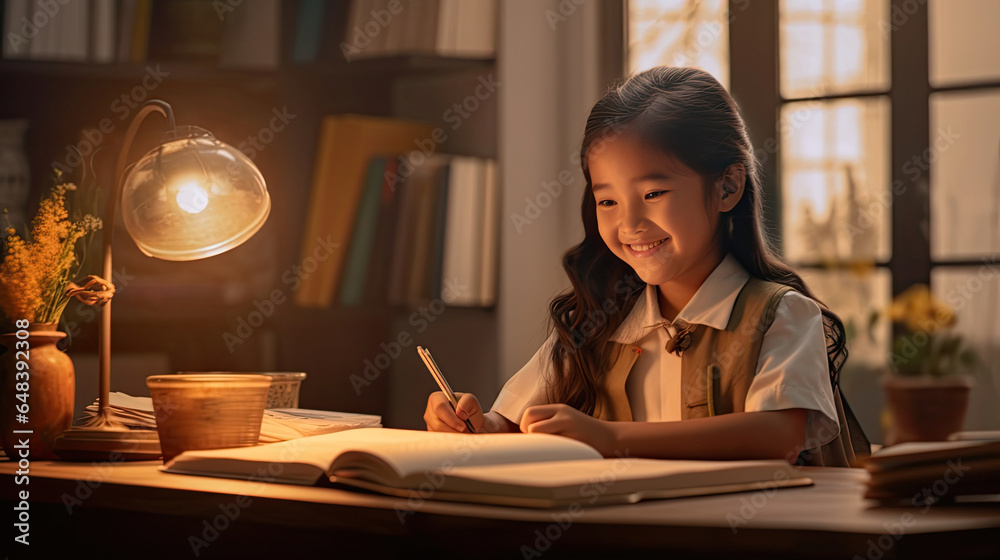 Smiling asian child school girl doing homework while sitting at desk at home. Generetive Ai