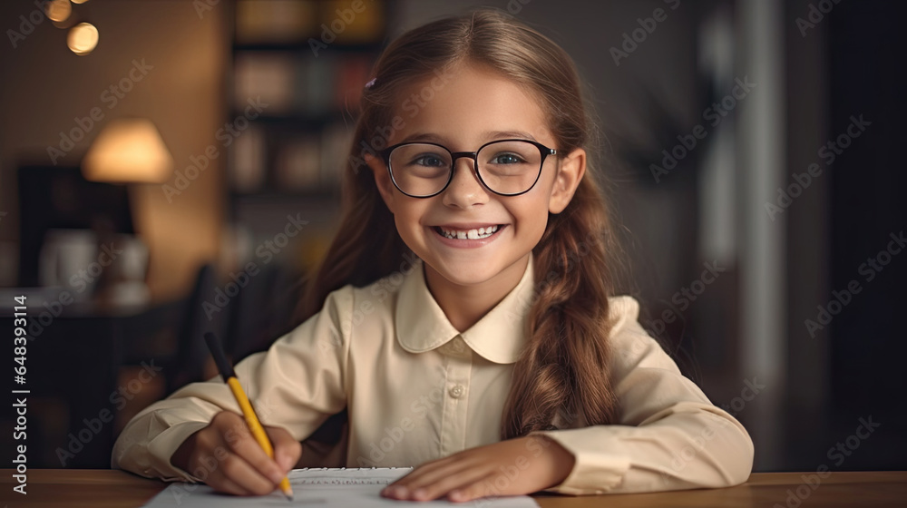 Smiling child school girl doing homework while sitting at desk at home. Generetive Ai