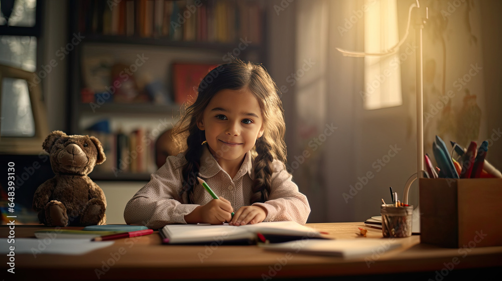 Smiling child school girl doing homework while sitting at desk at home. Generetive Ai