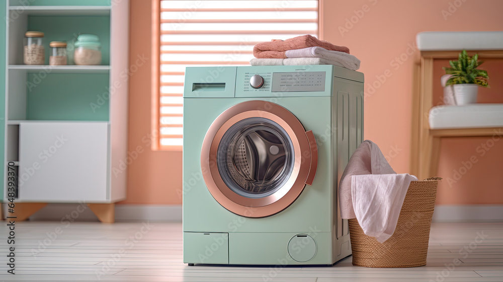 Washing machine, Washing gel and laundry basket in house. interior design. Generetive Ai