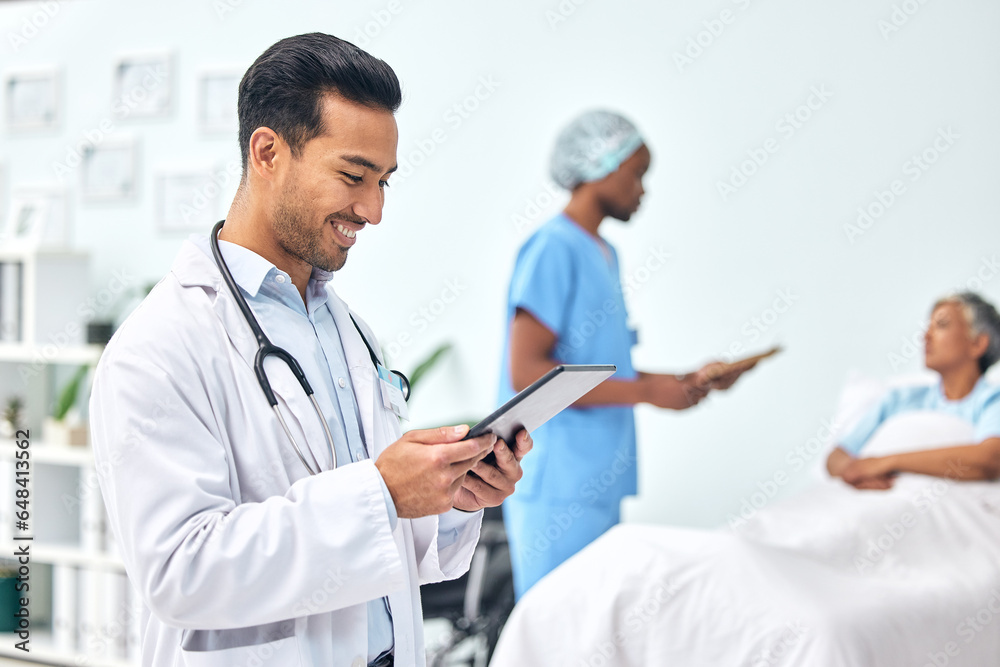 Doctor with tablet, chart and woman in bed, nurse with checklist for health insurance, consultation and advice. Hospital, healthcare professional with patient information, online results and smile.