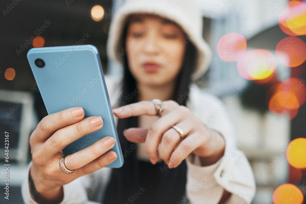 Hands, travel and woman with phone at a cafe for social media, texting or chatting in a city. Smartphone, app and lady influencer at coffee shop for content creation, podcast or traveling blog post