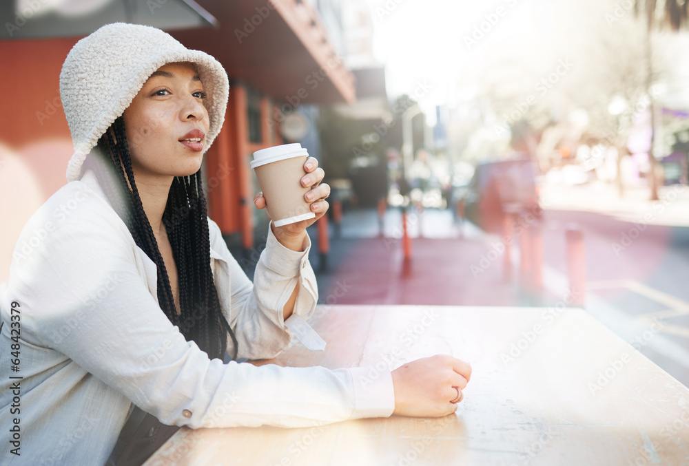 Outdoor, coffee shop and woman relax with drink at cafe, restaurant or table at bistro with gen z in streetwear or urban fashion. City, style and girl in town drinking cappuccino in cup with bokeh