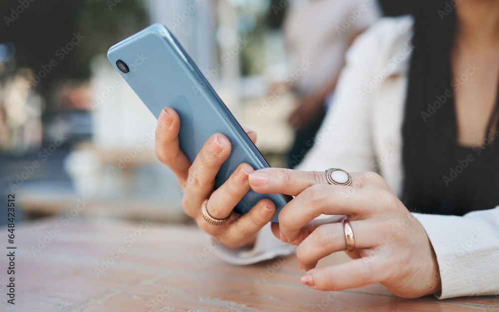 Woman, phone and hand with bokeh for communication, social network and internet chat with technology. Smartphone, person and connection or online scroll for information, conversation and texting