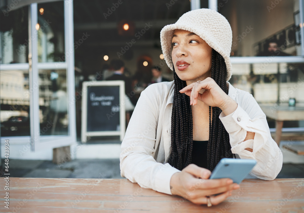 Thinking, woman and phone for communication, social media and internet chat with technology or connectivity. Smartphone, person and connection or online scroll for information, conversation and text