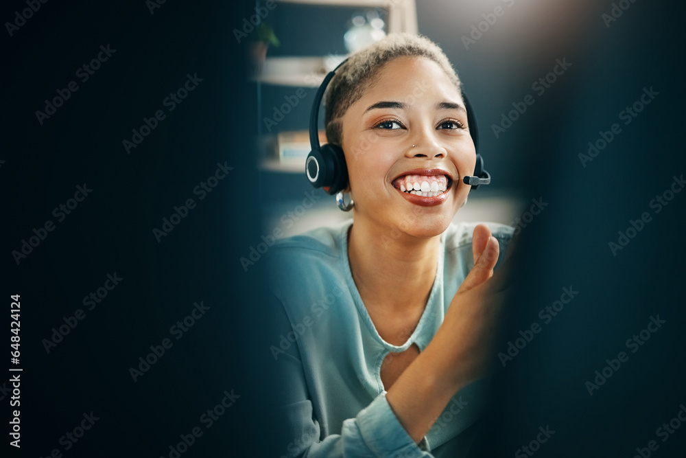 Portrait, smile and a woman consulting in a call center for customer support, service or assistance. Contact, crm and a happy young receptionist in an office with a headset for sales communication