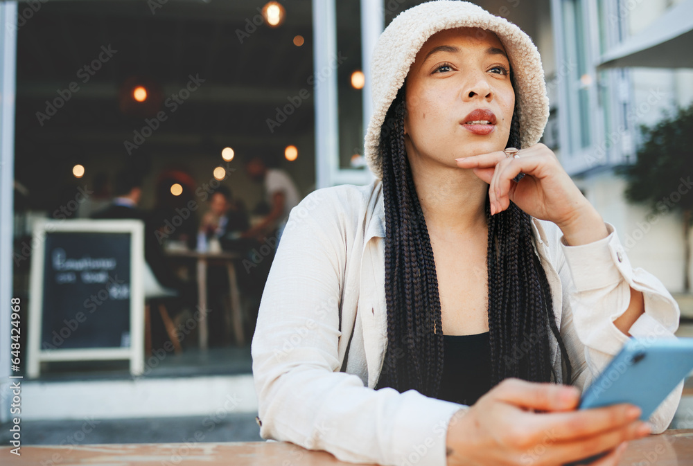 Woman, thinking and phone for communication, social media and internet chat with technology or connectivity. Smartphone, person and connection or online scroll for information, conversation and text