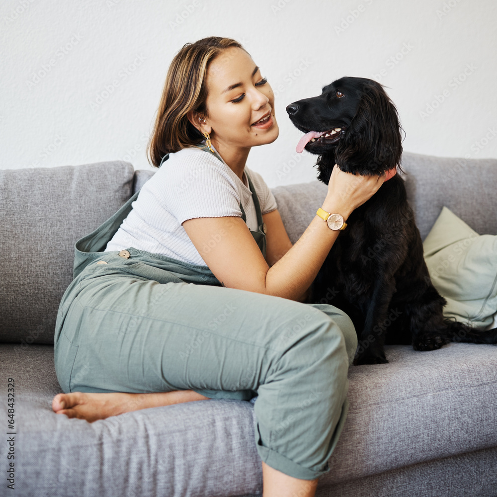 Happy, love and woman with dog in home sofa to relax and play with animal. Pet owner, care and asian person on couch with companion, smile and wellness or friendship and together in cozy apartment