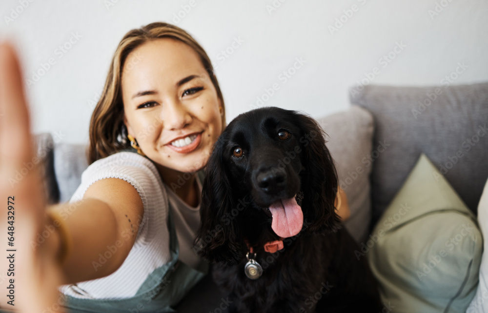 Love, selfie and woman with dog on home sofa to relax and play with animal. Pet owner, care and asian person influencer with companion, smile and friendship or social media profile picture and memory