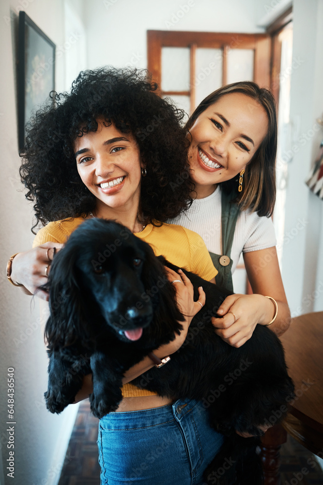 Portrait, women and holding dog with smile in living room of home for puppy, love and happiness indoor. Labrador, animal and people together in house with cuddling and care for bonding and loyalty