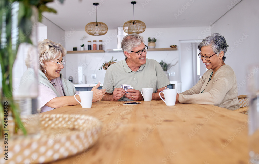 Playing cards, bonding and senior friends with coffee to relax in retirement with a game in a home. Talking, together and a senior man with women or people at a table for fun, break or happiness