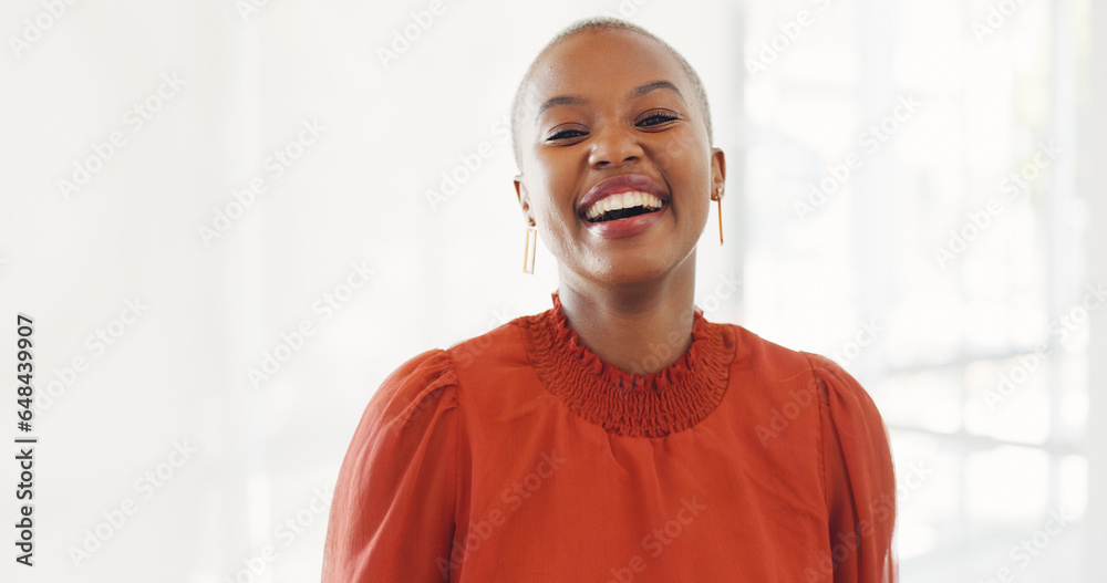 Smile, confident and business black woman in startup company happy for professional or growth at work. Designer, laughing and portrait of young employee or African entrepreneur proud in office