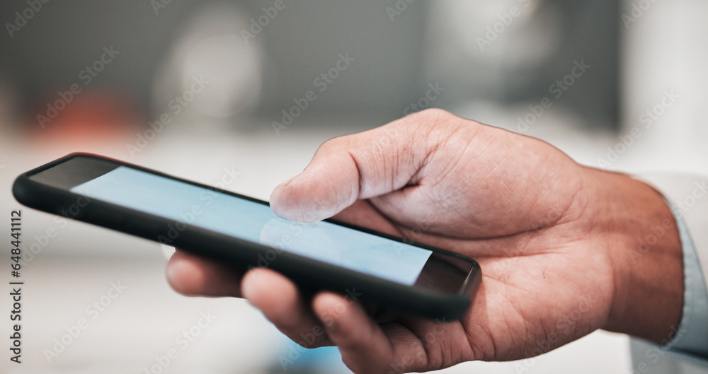 Man, hand and phone, scroll online for email or social media post with user experience on blurred background. Typing, internet search and connectivity on smartphone, contact and networking with tech.