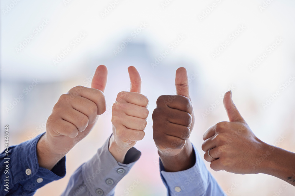 Business people, hands and thumbs up for teamwork, success and agreement with mockup space. Closeup, group and employees show like emoji, yes sign and thank you for collaboration, support and winning