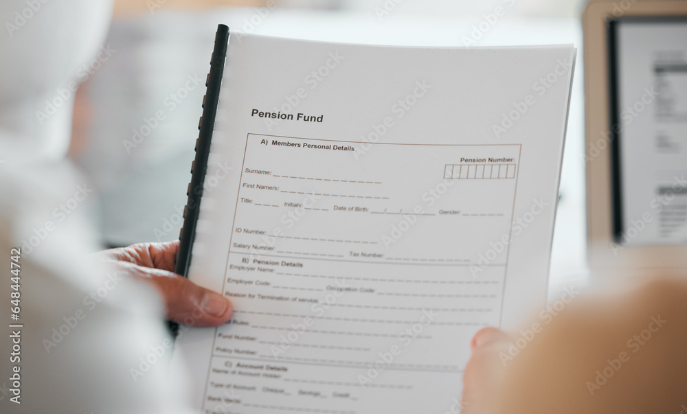 Person, hands and documents for pension fund, application or paperwork in retirement at home. Closeup of elderly or retired form, contract or plan for old age allowance, funding or insurance in house