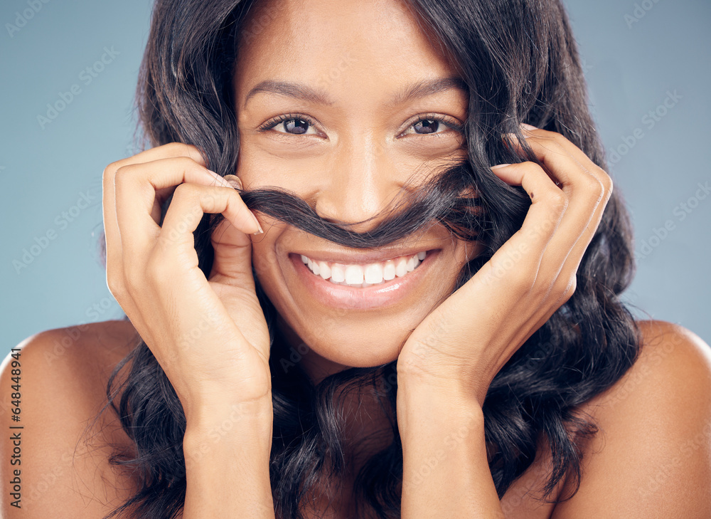 Curly hair, mustache or portrait of happy woman in studio for wellness, treatment or comedy joke. Haircare, grey background or face of model with funny pose for natural beauty, texture or keratin