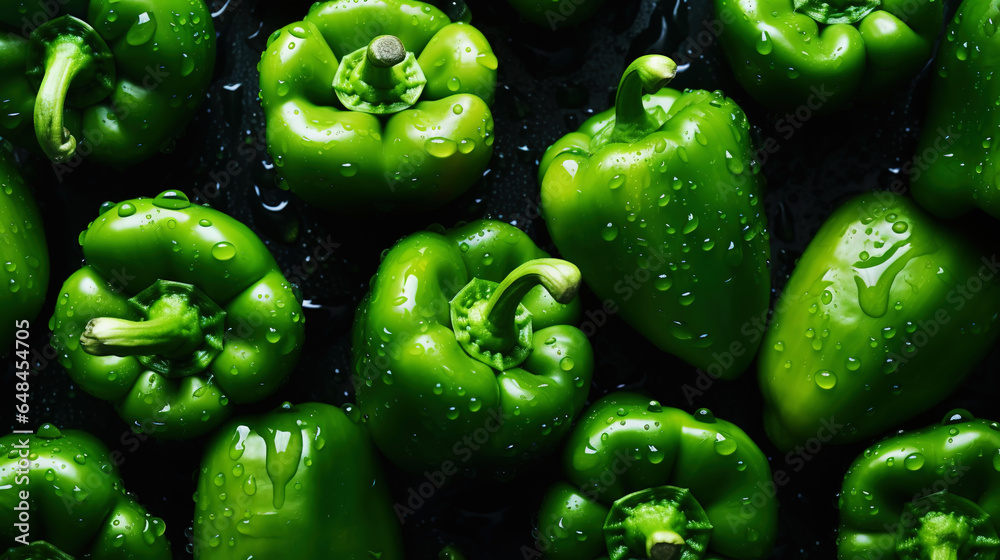 Fresh green bell peppers with water drops background. Vegetables backdrop. Generative AI