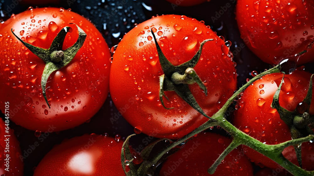 Fresh red tomatoes with water drops background. Vegetables backdrop. Generative AI