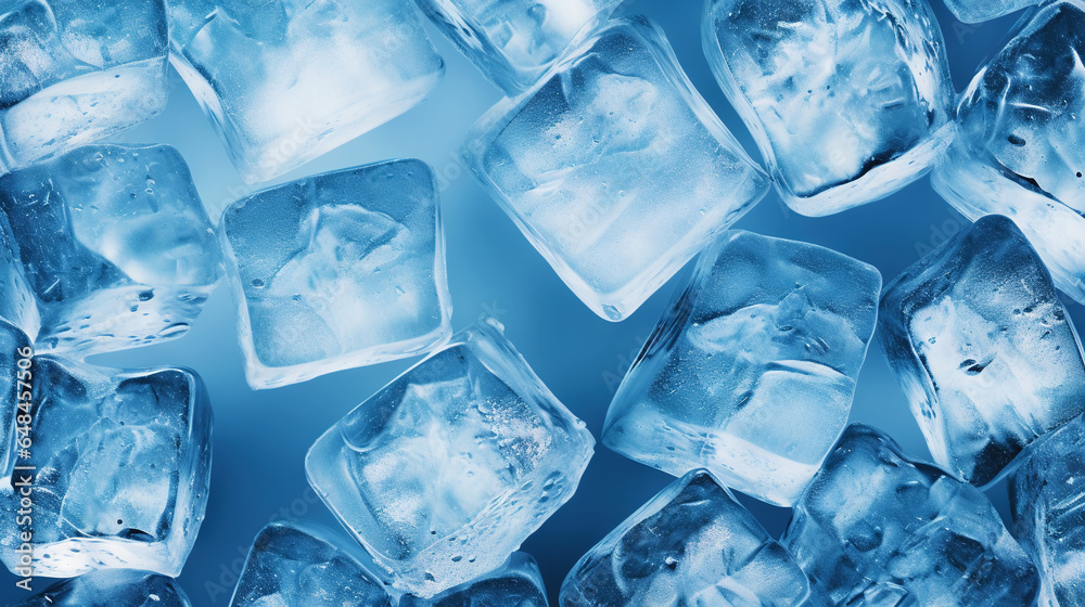 Ice cubes bluish background. Frozen water. Cold fresh concept. Generative AI