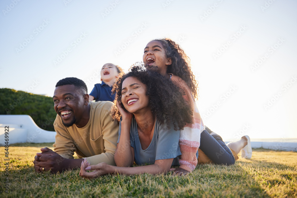 Grass, funny and family relax on vacation, bonding and having fun together on mockup space. Children, laughing and interracial parents in nature to travel on holiday, care and love outdoor at garden