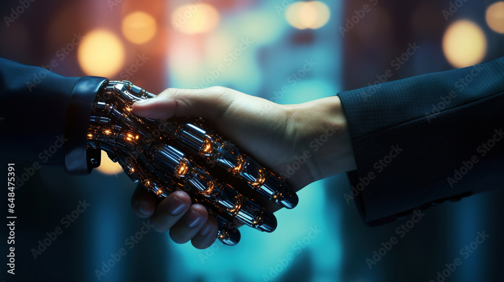 Business handshake of human and robot. Collaboration of artificial intelligence and man. Generative AI