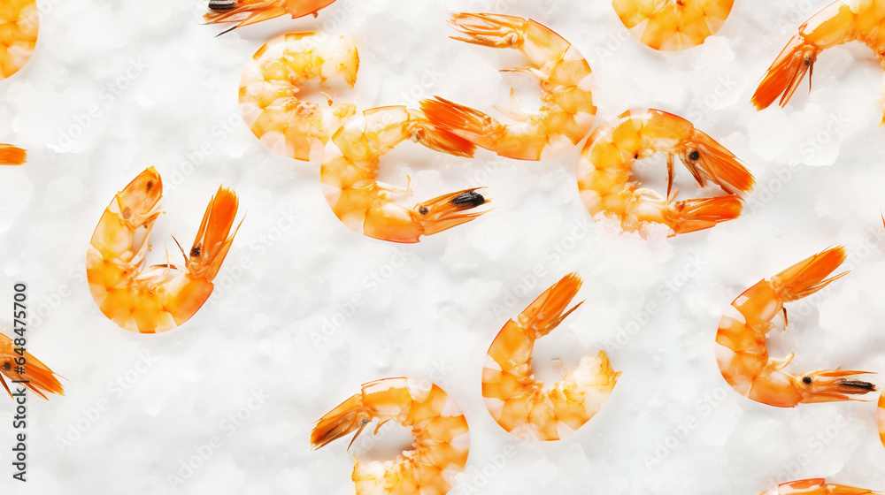 Top view of raw whole shrimps on ice. Seafood background. Generative AI