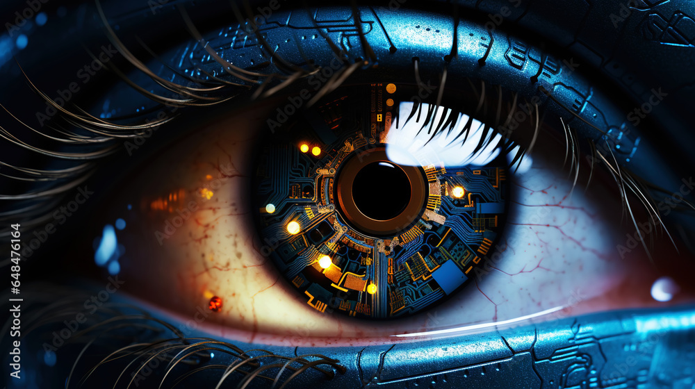 Female android robot eye close up. Digital iris of cyber woman. Bionic technology concept. Generative AI