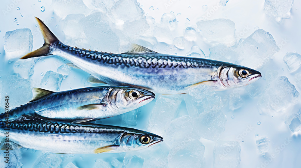 Fresh mackerel fish (Scomber scrombrus) on ice. Seafood background. Generative AI