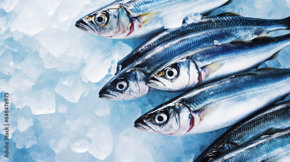  Fresh sardines on ice. Seafood background. Generative AI