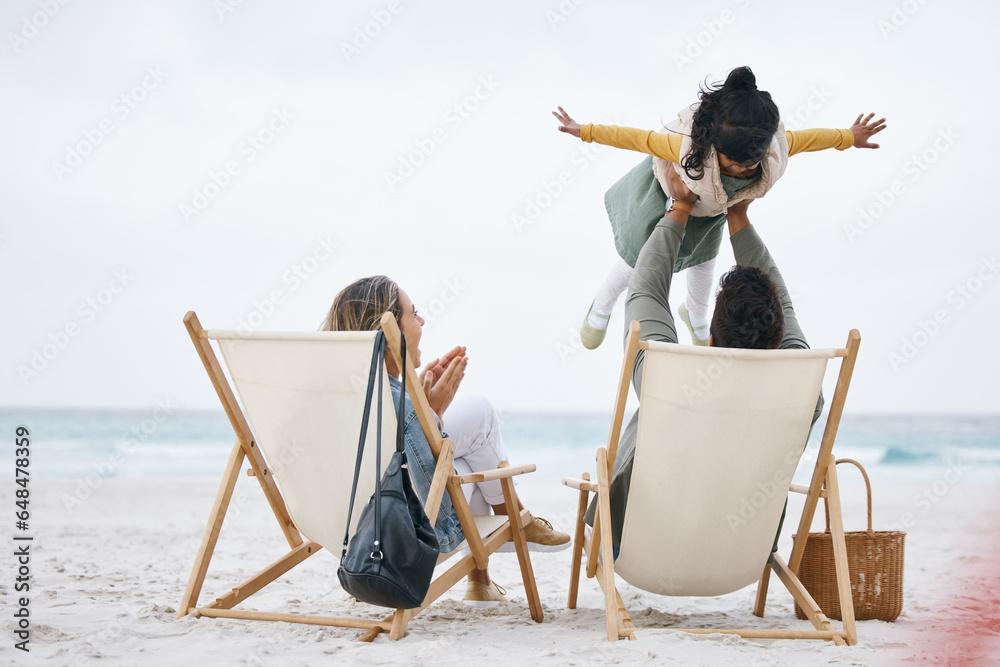 Airplane, beach or child with parents playing to relax or bond as a happy family with love or care. Father, flying or excited African dad with a kid to enjoy fun games on holiday together by an ocean