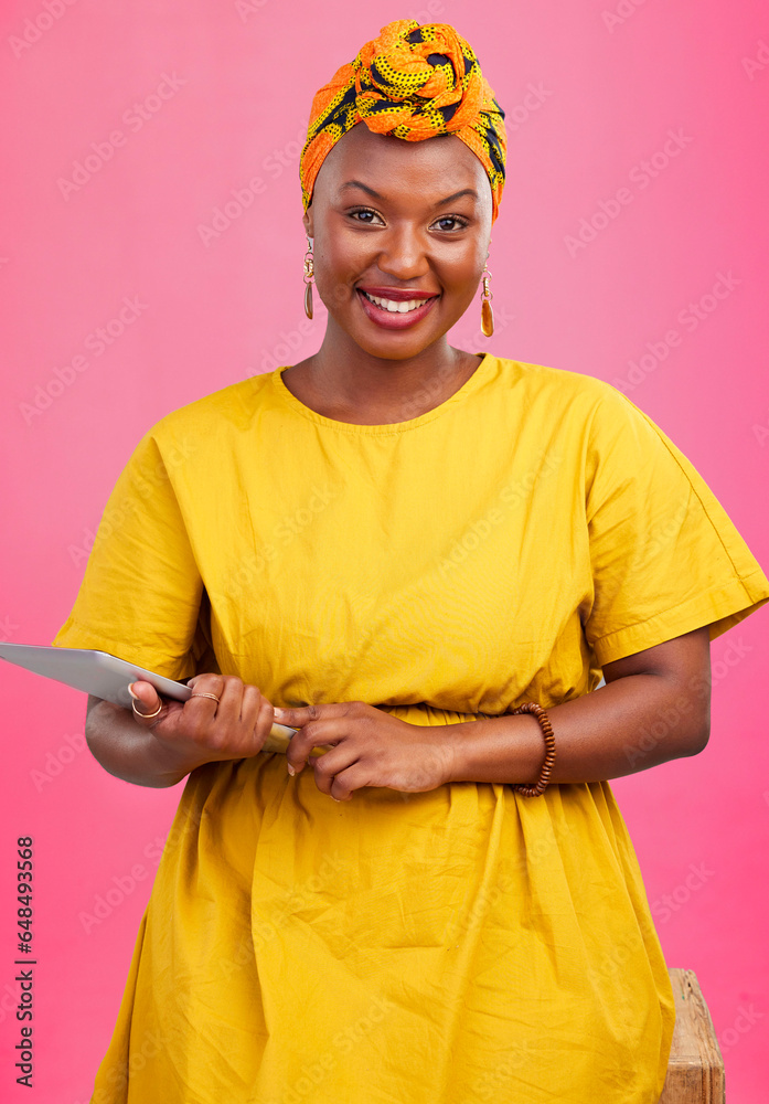 Black woman, portrait and tablet in studio for marketing, networking or internet search with smile. African, person and happiness for digital mobile, social media, website or tech on pink background