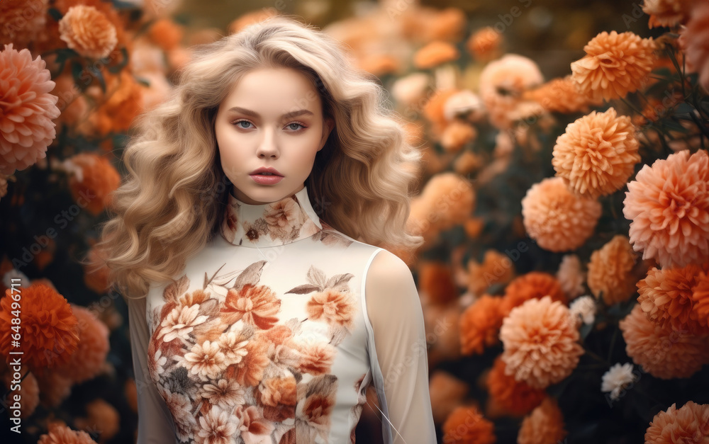 Beautiful woman in a elegant dress in a flower garden.