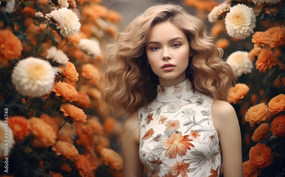 Beautiful woman in a elegant dress in a flower garden.