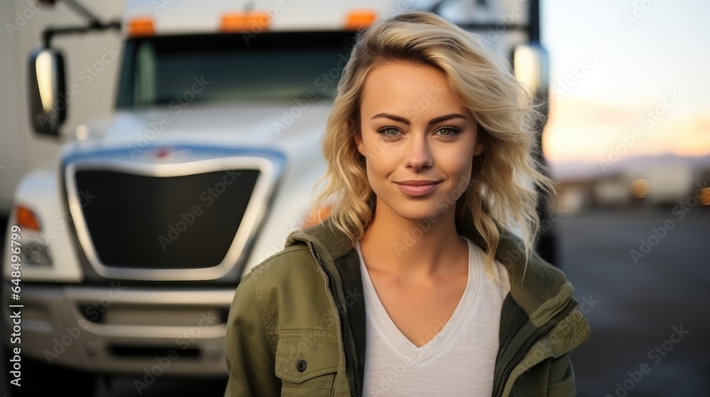 Beautiful woman professional truck driver standing in front of own car.