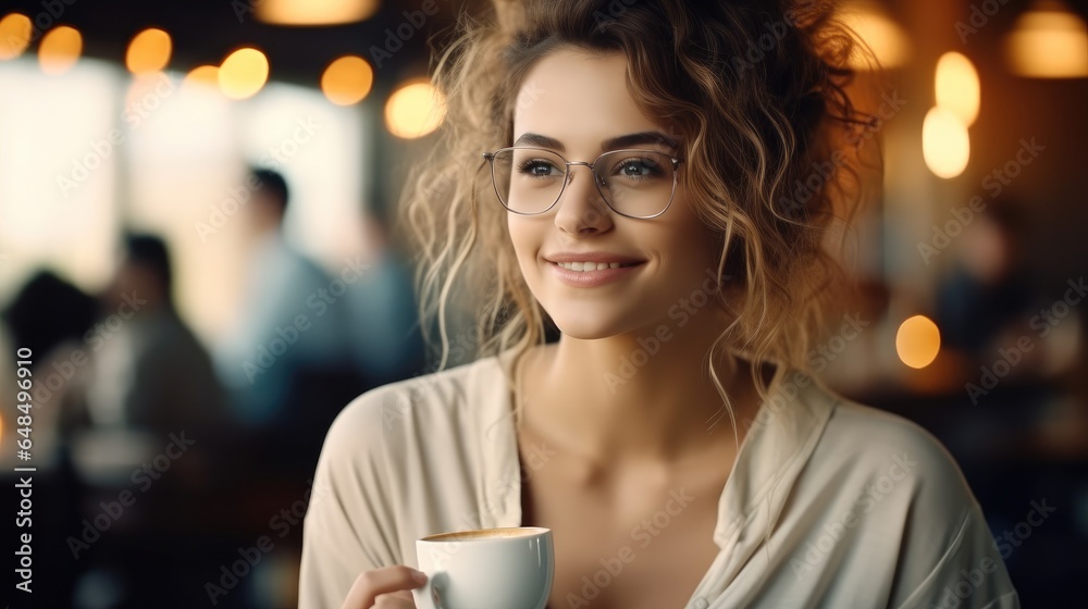 Beautiful woman with cup of coffee in cafe.