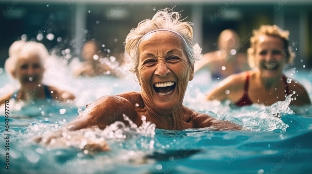 Happy senior women enjoying exercise in a pool, Retired lifestyle.