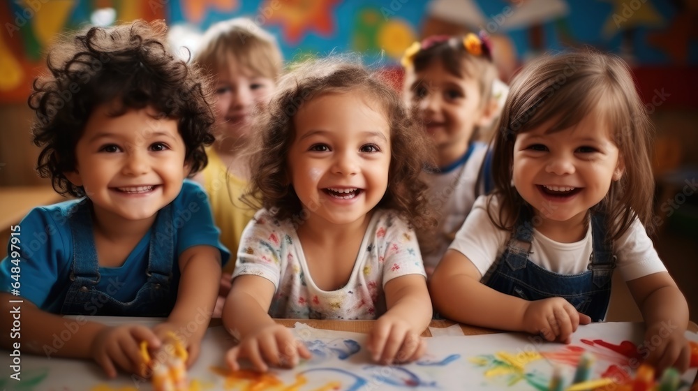 Group of children together painting colorful rainbows and creating art.