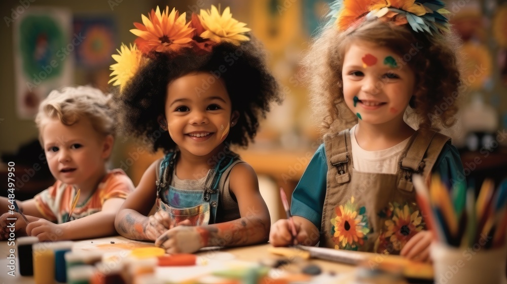 Group of children together painting colorful rainbows and creating art.