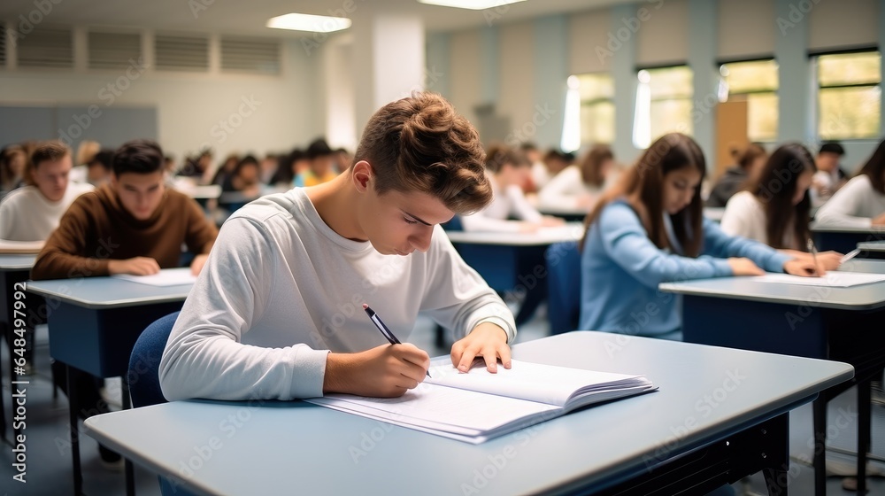 Group of students is taking exams in the class.