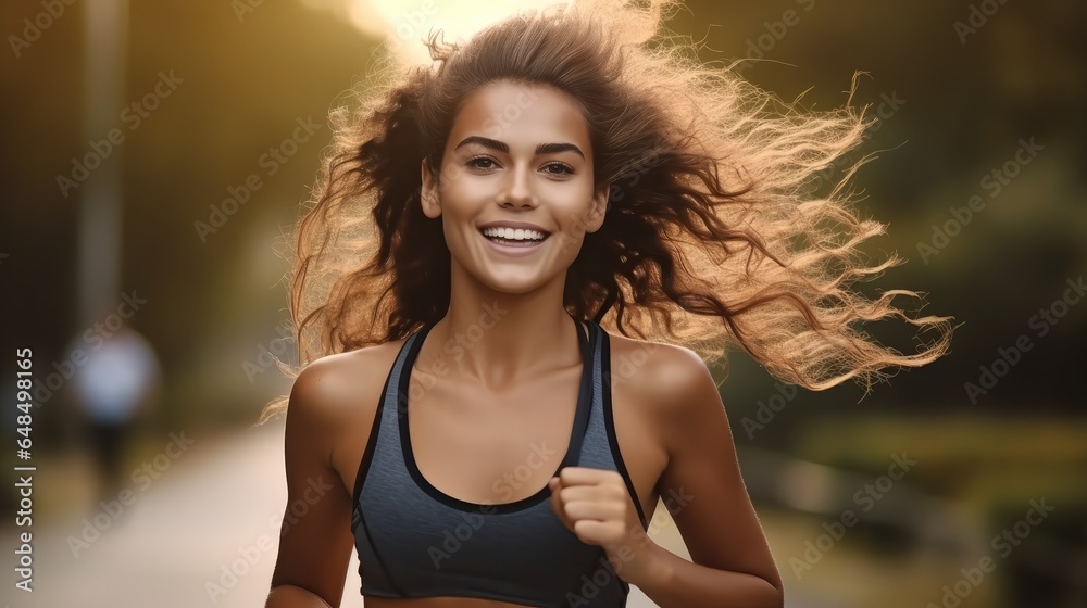 Happy athletic girl jogging in nature.