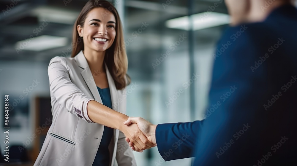 Happy female executive shaking hand with partner after making successful deal at meeting table.