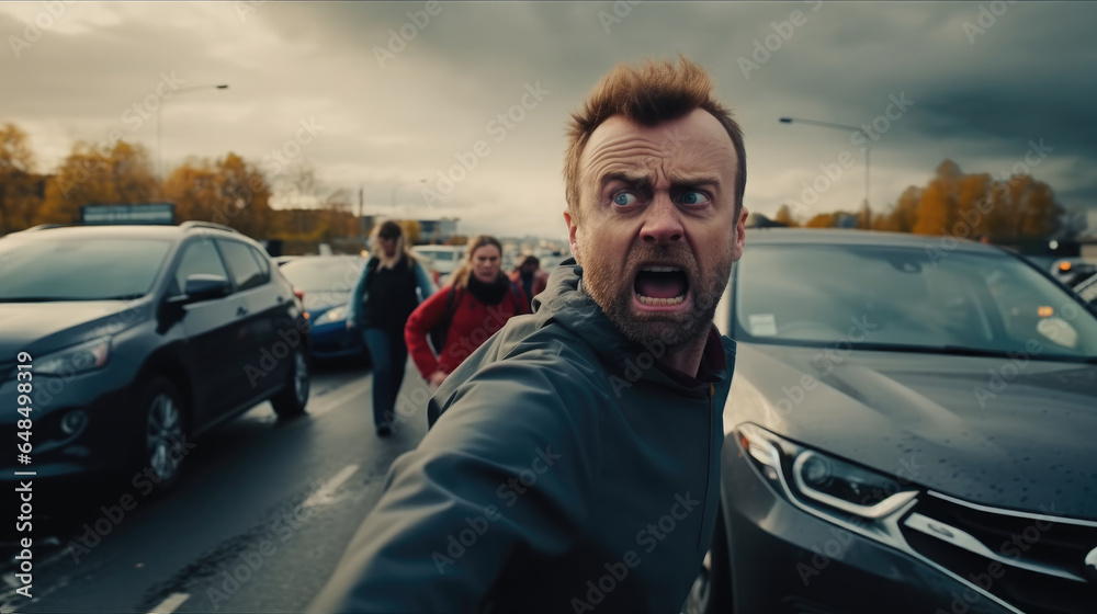 Man having car accident or traffic jam, Hatred and arguments and anger, Stress in rush hour traffic.